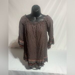 Bohemian Floral Peasant Blouse With Border Print & Bell Sleeves Size: Large